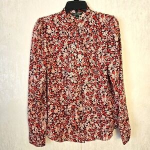 Lauren Ralph Lauren Women's L Long Sleeve Button Front Ruffle Blouse Red Floral